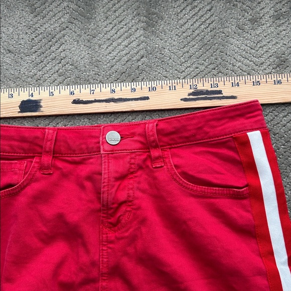 Dear John Red Denim Side Stripe Mini Skirt - Size 28 - Raw Hem & Stretch - Picture 7 of 8